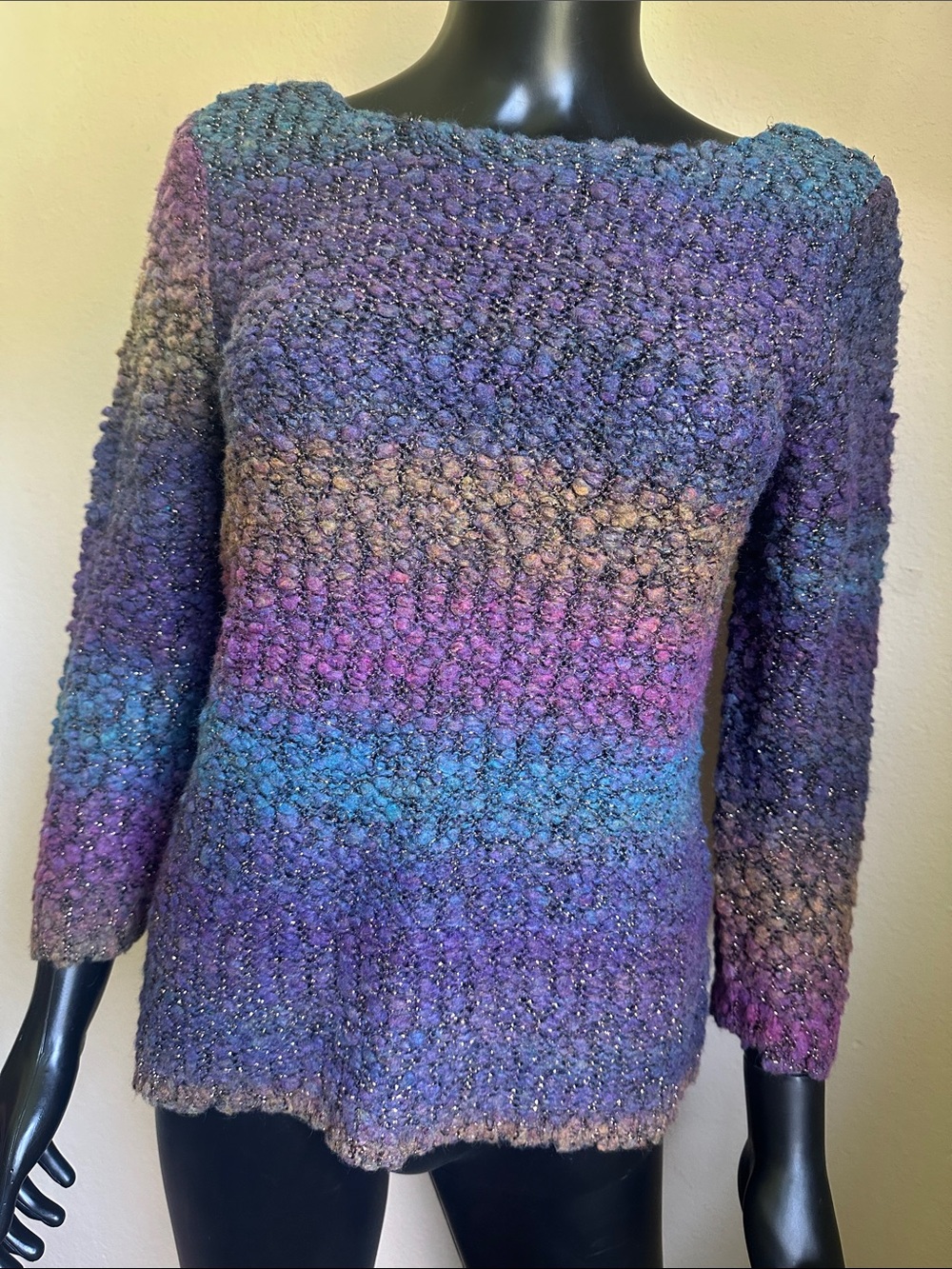 Ruby Rd. Multicolor Fuzzy Textured Knit Sweater – Purple, Teal, Pink & Yellow